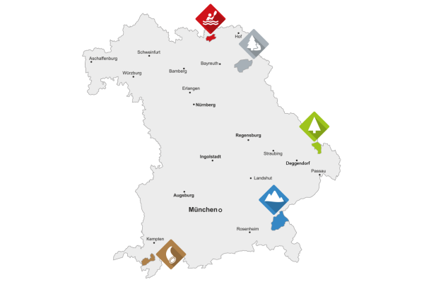 Grafik Bayernkarte mit Pilotregionen digitales Dorf