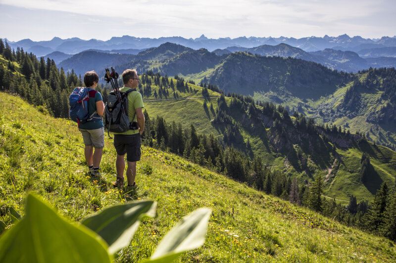 zwei Personen stehen auf einer Wiese und betrachten ein Bergpanorama