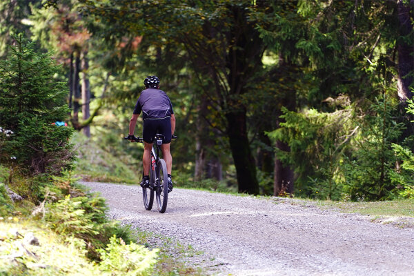 Mann fährt mit Fahrrad durch den Wald (© Michael Friedel)