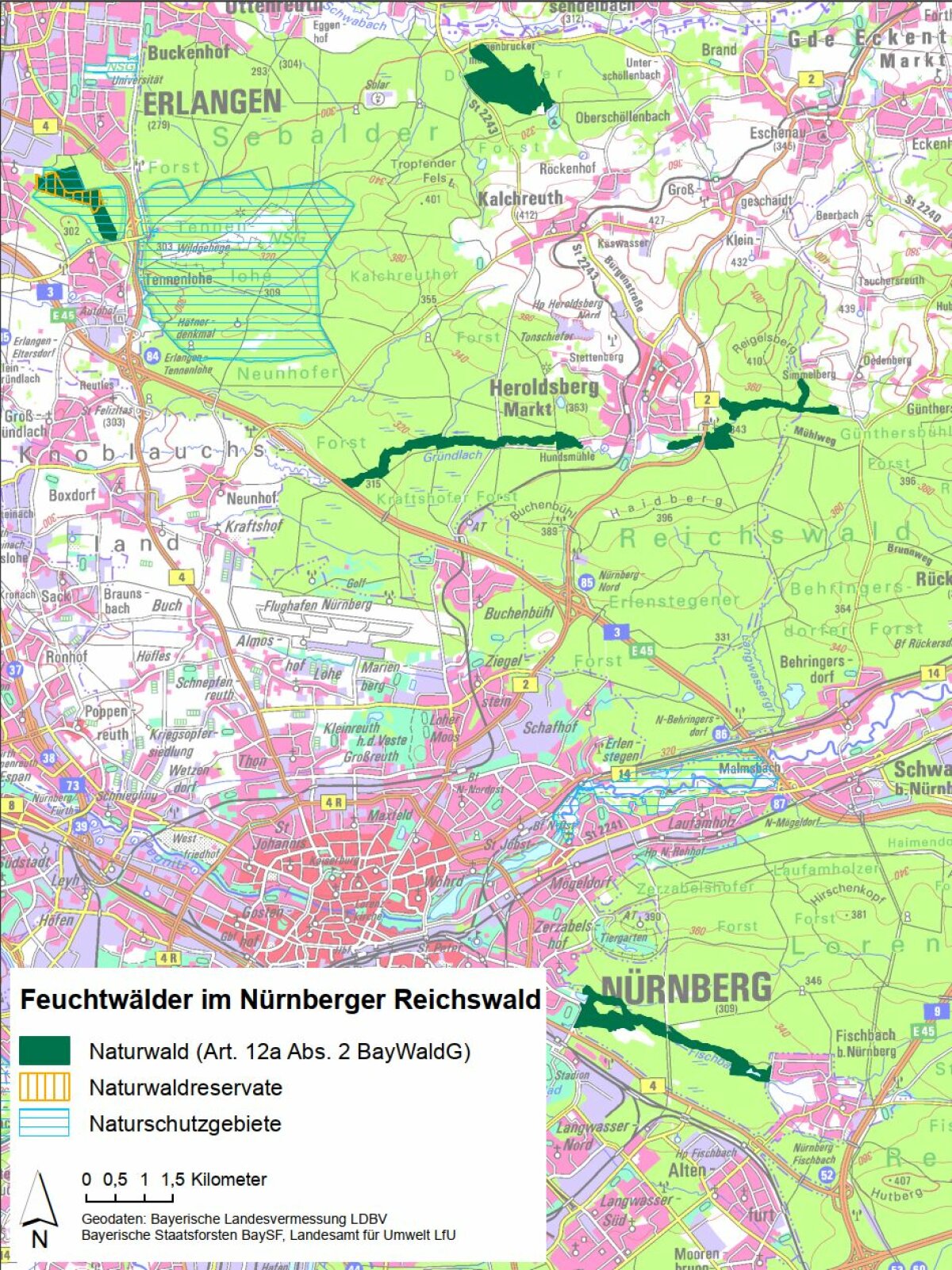 Übersichtskarte des Artenschutzgebiets "Feuchtwälder im Nürnberger Reichswald" bei der die Ausweisungen als Naturwaldfläche nach Art. 12 a BayWaldG mit dunkelgrüner Farbe eingezeichnet sind. Naturschutzgebiete sind blau und Naturwaldreservate orange schraffiert. (Geobasisdaten: Bayerische Staatsforsten BaySF, Bayerische Landesvermessung LDBV, Landesamt für Umweld LfU)