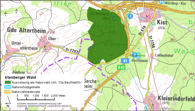 Übersichtskarte des Artenschutzgebiets bei der die Ausweisungen als Naturwaldfläche nach Art. 12 a BayWaldG mit dunkelgrüner Farbe eingezeichnet sind. Naturschutzgebiete sind blau und Naturwaldreservate orange schraffiert. (Geobasisdaten: Bayerische Staatsforsten BaySF, Bayerische Landesvermessung LDBV, Landesamt für Umweld LfU)