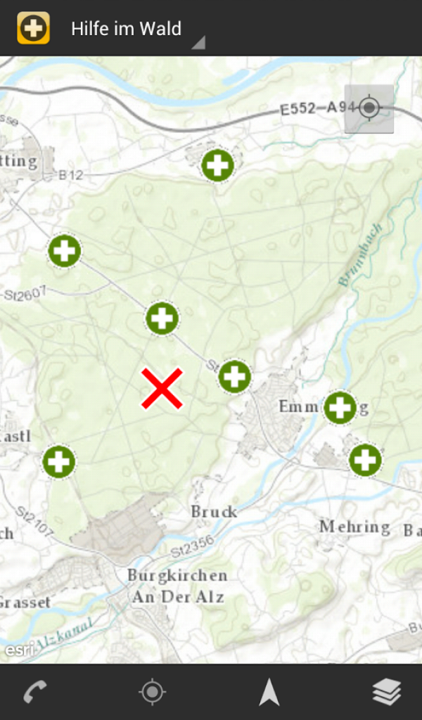 Karte der Rettungspunkte (grüne Kreuze) mit Markierung des eigenen Standortes (rotes Kreuz).