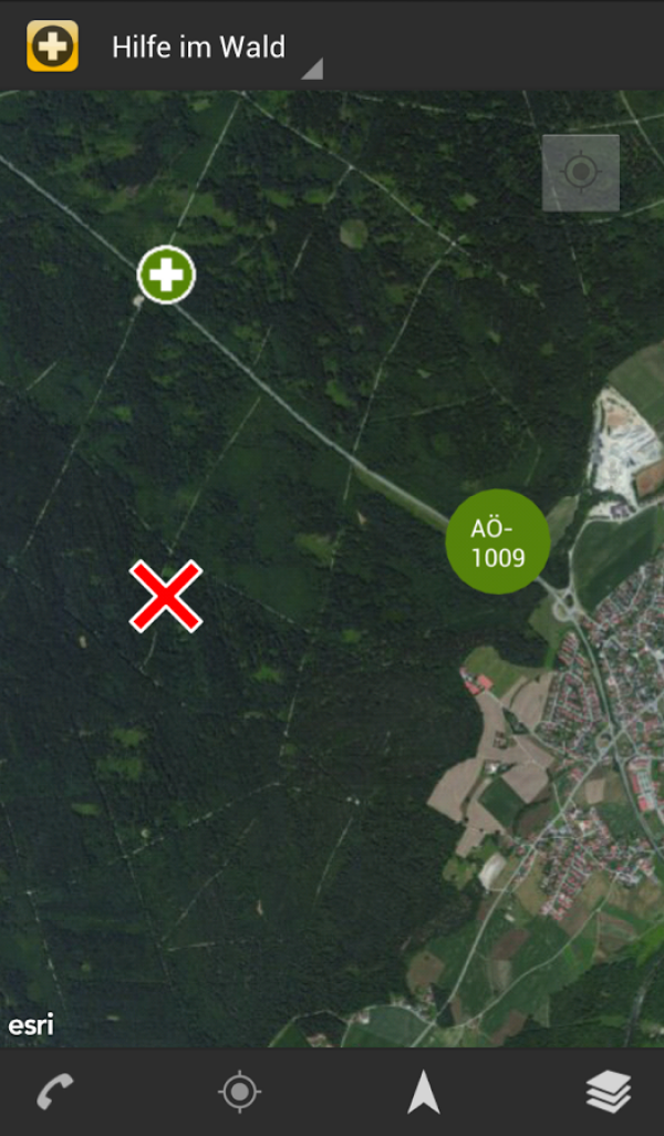 Luftbild mit eingezeichneten Rettungspunkten und eigenem Standort.