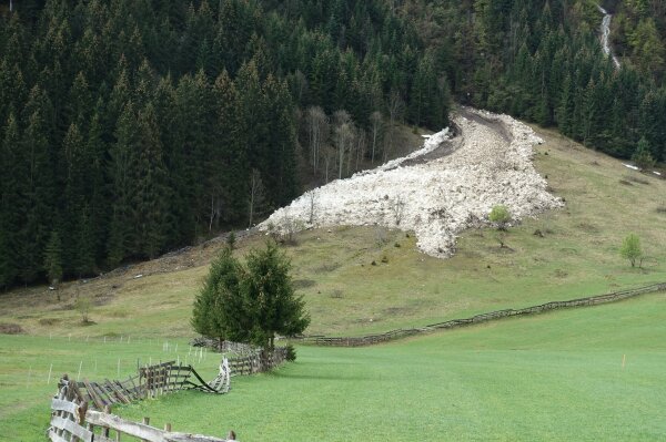 Ausläufer einer Lawine zieht sich durch den Bergwald bis runter ins Tal auf eine Wiese