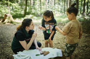 Försterin spielt mit Kindern im Wald das Waldmemory (© Robert Pehlke)