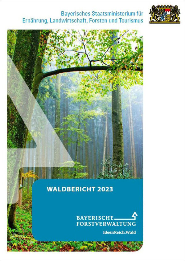 Titelblatt des Waldberichts 2023 mit Waldbild im Hintergrund und Schriftzug "Waldbericht 2023" in weiß auf blauem Grund
